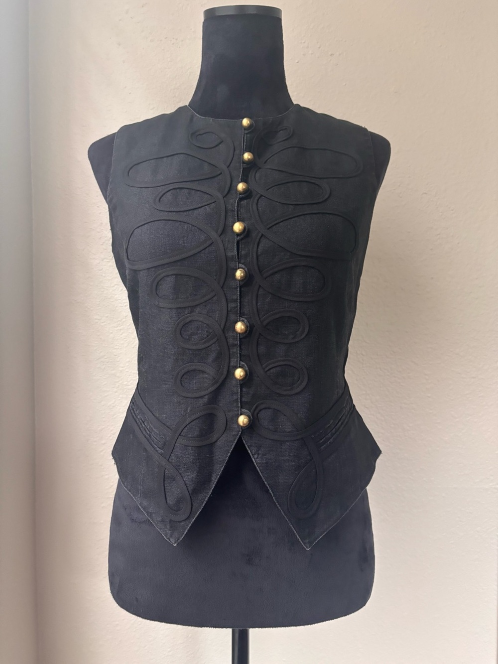 Andrea Jovine Black Military-Style Sleeveless Vest with Gold Buttons